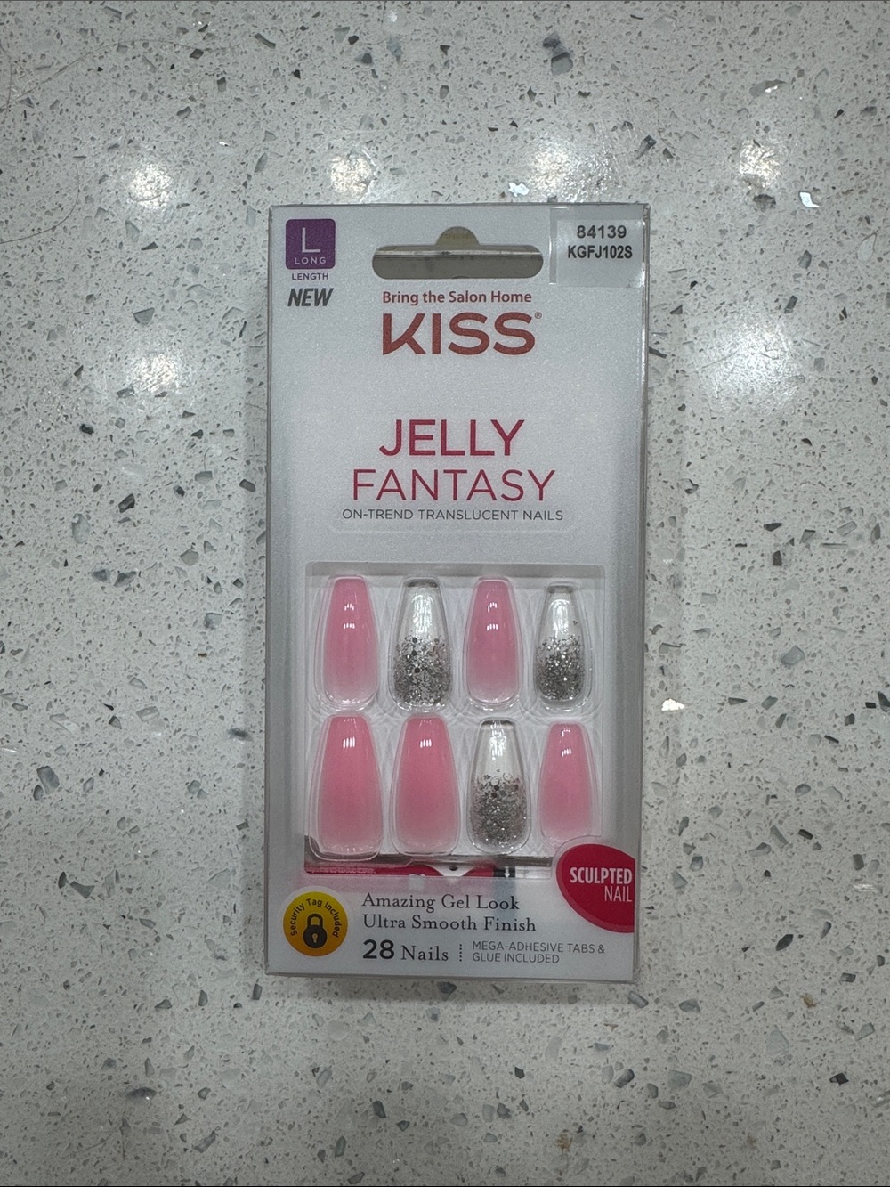Kiss Jelly Fantasy Press-On Nails - Translucent Pink with Silver Glitter Accents